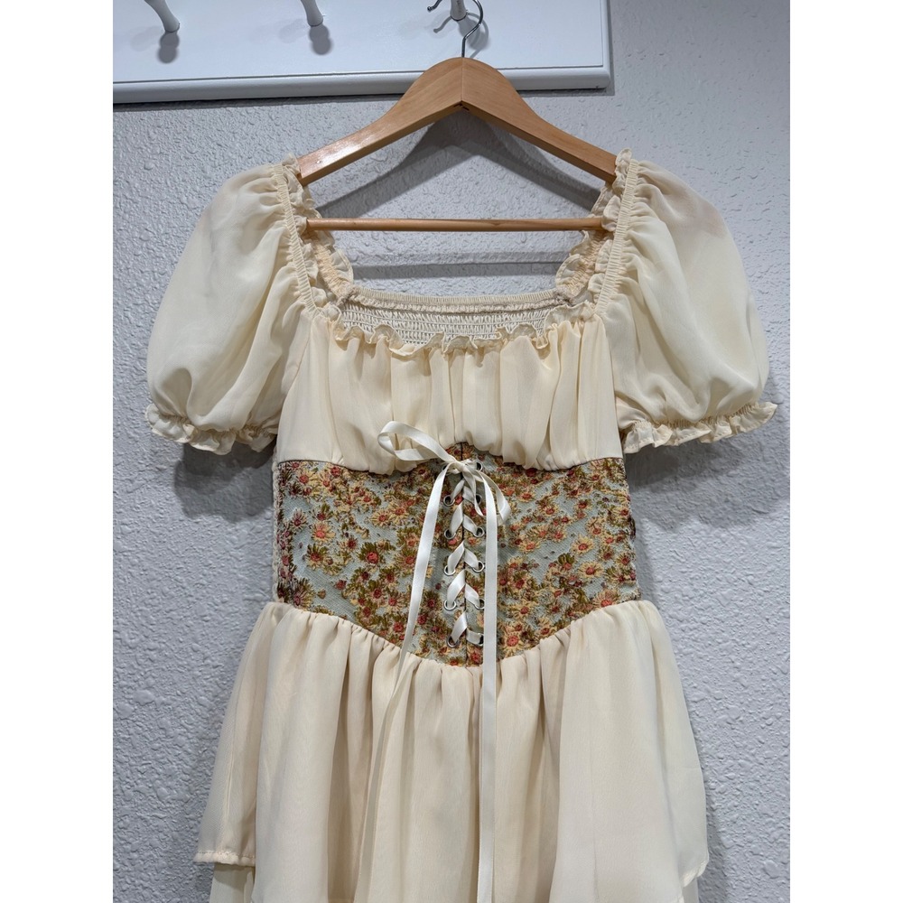 Cottagecore Milkmaid Dress Floral Tapestry Corset Puff Sleeve Fairy Renaissance - Picture 3 of 7